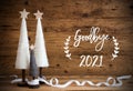 White Christmas Tree, Wooden Background, Text Goodbye 2021