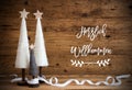 White Christmas Tree, Wooden Background, Willkommen Means Welcome