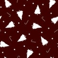 White christmas trees, candy sticks and stars seamless repeat pattern on red background. Holiday, winter pattern for background, w Royalty Free Stock Photo