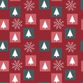 White Christmas trees and Hand drawing snowflakes red background, colored squares, Christmas colors