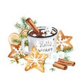 White christmas watercolor cup of cacao with gingerbread and cinnamon