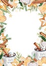 White christmas watercolor frame cup of cacao with gingerbread and cinnamon