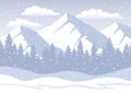 White Christmas Winter Background with rocky mountains, pine forest, snow hills, snowflakes Royalty Free Stock Photo