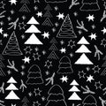 White christmass trees and snow flakes and stars, outline, too, on black background, seamless pattern.