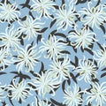 White chrysanthemum flowers seamless vector pattern on a blue background Royalty Free Stock Photo