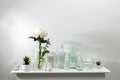 White chrysanthemum in  glass vase with bottles of different shapes with water is on the chest of drawers Royalty Free Stock Photo