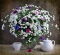 White chrysanthemums and coloured corn-flowers