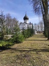 white church on a background of blue sky in spring Royalty Free Stock Photo