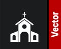 White Church building icon isolated on black background. Christian Church. Religion of church. Vector Royalty Free Stock Photo