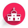 White Church building icon isolated with long shadow. Christian Church. Religion of church. Red circle button. Vector Royalty Free Stock Photo