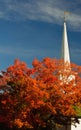 White church and Fall colors.