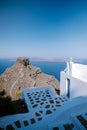 White church at Fira Santorini, Panoramic view of mountains, sea and nature from Fira town, Santorini island Greece Royalty Free Stock Photo