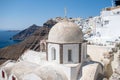 White church at Fira Santorini, Panoramic view of mountains, sea and nature from Fira town, Santorini island Greece Royalty Free Stock Photo