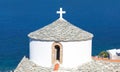 White church of Evangelistria, the Virgin Mary and Panagitsa Tower in Chora Town, the capital of Scopelos island, Northen Sporades Royalty Free Stock Photo