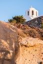 A white church on a mountain peak in santorini island Royalty Free Stock Photo