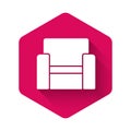 White Cinema chair icon isolated with long shadow. Pink hexagon button. Vector