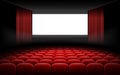 White cinema theatre screen with red curtains and chairs Royalty Free Stock Photo