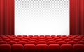 White cinema theatre screen with red curtains and chairs