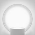 White circle display podium and backlight white fluorescent backdrop. Lab stage clean clear cool bright. Glow light bright product Royalty Free Stock Photo