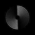 A white circle of dotted semitones on a black background. A design element.