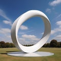 White circle monument on grass under blue sky on summer day. Mobius strip concept. AI generative art Royalty Free Stock Photo