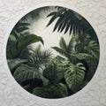 White circle surrounding by palms and monstera leaves. Concept for print, web, banner. Generative Ai Royalty Free Stock Photo