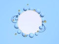 White circular frame decorated with blue spheres on a light blue background, 3d render, crown of spheres, illustrations