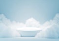 White circular podium surrounded by soft white clouds against a light blue sky stage Royalty Free Stock Photo