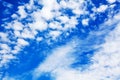 White cirrus clouds blue sky background closeup, fluffy cumulus cloud texture, cloudscape, cloudy weather, cloudiness, ozone layer Royalty Free Stock Photo