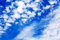 White cirrus clouds blue sky background closeup, fluffy cumulus cloud texture, cloudscape, cloudy weather, cloudiness, ozone layer Royalty Free Stock Photo