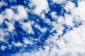 White cirrus clouds blue sky background closeup, fluffy cumulus cloud texture, cloudscape, cloudy weather, cloudiness, ozone layer Royalty Free Stock Photo