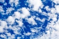 White cirrus clouds blue sky background closeup, fluffy cumulus cloud texture, cloudscape, cloudy weather, cloudiness, ozone layer Royalty Free Stock Photo