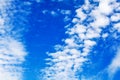 White cirrus clouds blue sky background closeup, fluffy cumulus cloud texture, cloudscape, cloudy weather, cloudiness, ozone layer Royalty Free Stock Photo