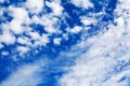 White cirrus clouds blue sky background closeup, fluffy cumulus cloud texture, cloudscape, cloudy weather, cloudiness, ozone layer Royalty Free Stock Photo