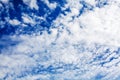 White cirrus clouds blue sky background closeup, fluffy cumulus cloud texture, cloudscape, cloudy weather, cloudiness, ozone layer Royalty Free Stock Photo