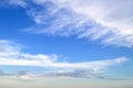 White cirrus and stratus clouds high in the blue summer sky. Different cloud types and atmospheric phenomena. Skyscape Royalty Free Stock Photo