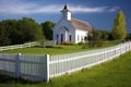 white clapboard chapel with picket fence in a field Royalty Free Stock Photo