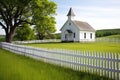 white clapboard chapel with picket fence in a field Royalty Free Stock Photo