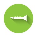 White Clarinet icon isolated with long shadow. Musical instrument. Green circle button. Vector