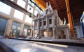 White classic building printed with a 3d printer. Minimalistic architecture mockup standing in a warehouse. AI Generative