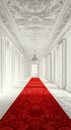 A white classical colonnade features a red carpet pathway