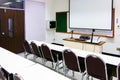 White classrooms are currently available with student desks and chairs Royalty Free Stock Photo