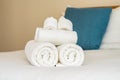 White clean bath towel on bed decoration interior Royalty Free Stock Photo