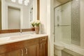 White and clean bathroom design in brand-new home Royalty Free Stock Photo