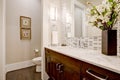 White and clean bathroom design in brand-new home Royalty Free Stock Photo