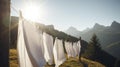 White clean sheets drying on a rope