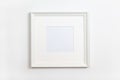 White clean square frame with passepartout on white background, copy space. Flat lay or side view, minimal style mock-up. For gift