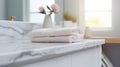 White clean towels on wooden table in bathroom. Spa Royalty Free Stock Photo