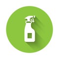 White Cleaning spray bottle with detergent liquid icon isolated with long shadow. Green circle button. Vector