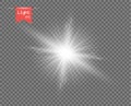 The white clear light of the sun. Bright explosion, sparkling flash with rays. Star Shine. Vector element, isolated background. Royalty Free Stock Photo